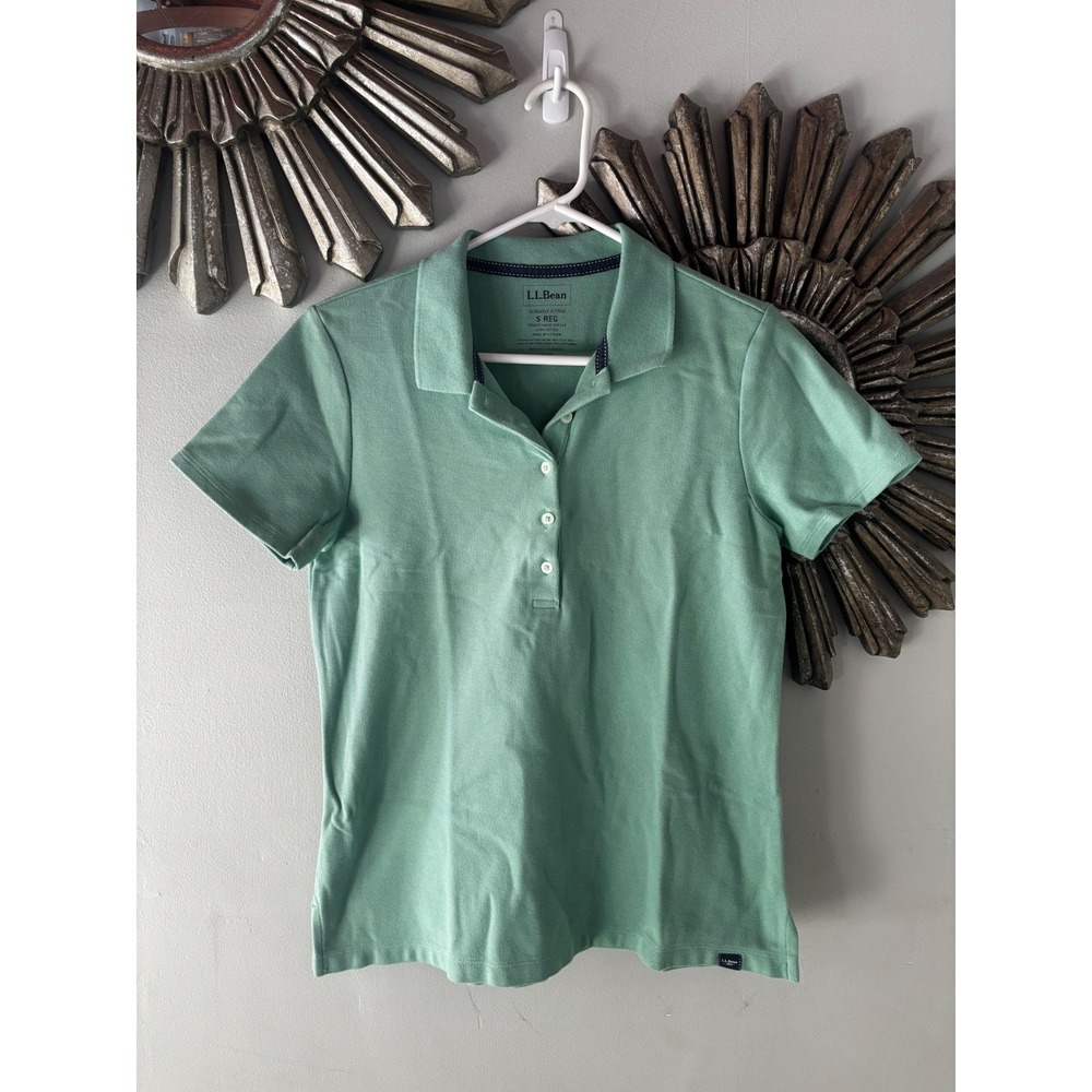 LL‎ Bean Slightly Fitted Polo Shirt Mint Green 100% Cotton Women Classic